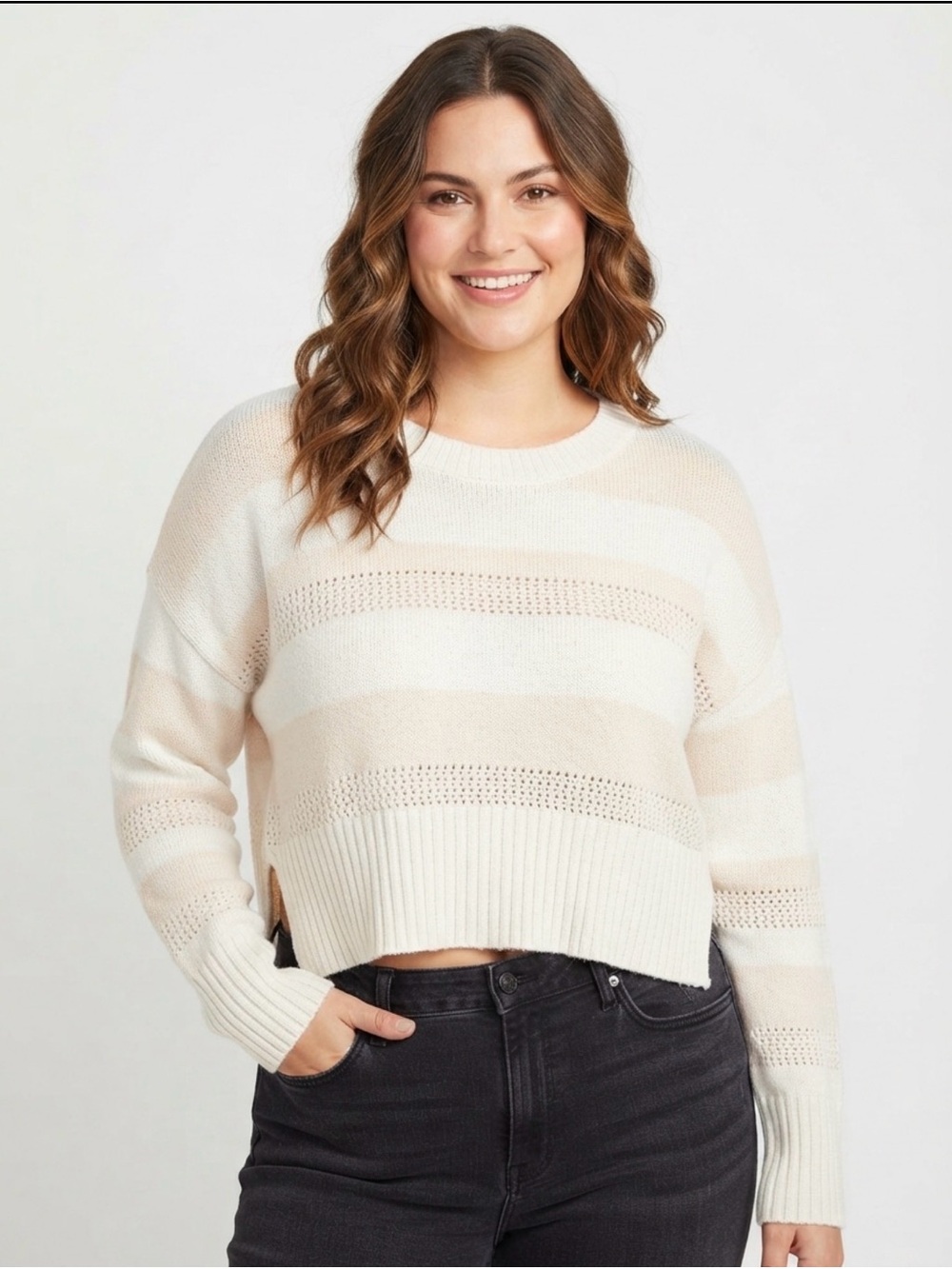 Happily Grey Women's Size S Tan White Striped Knit Oversized Cropped Sweater